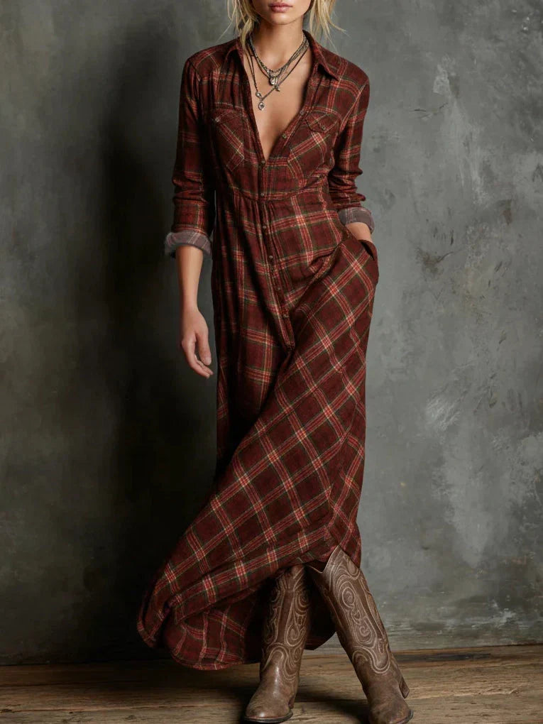Livia™ | Long Dress with a Shirt Collar in Green Check