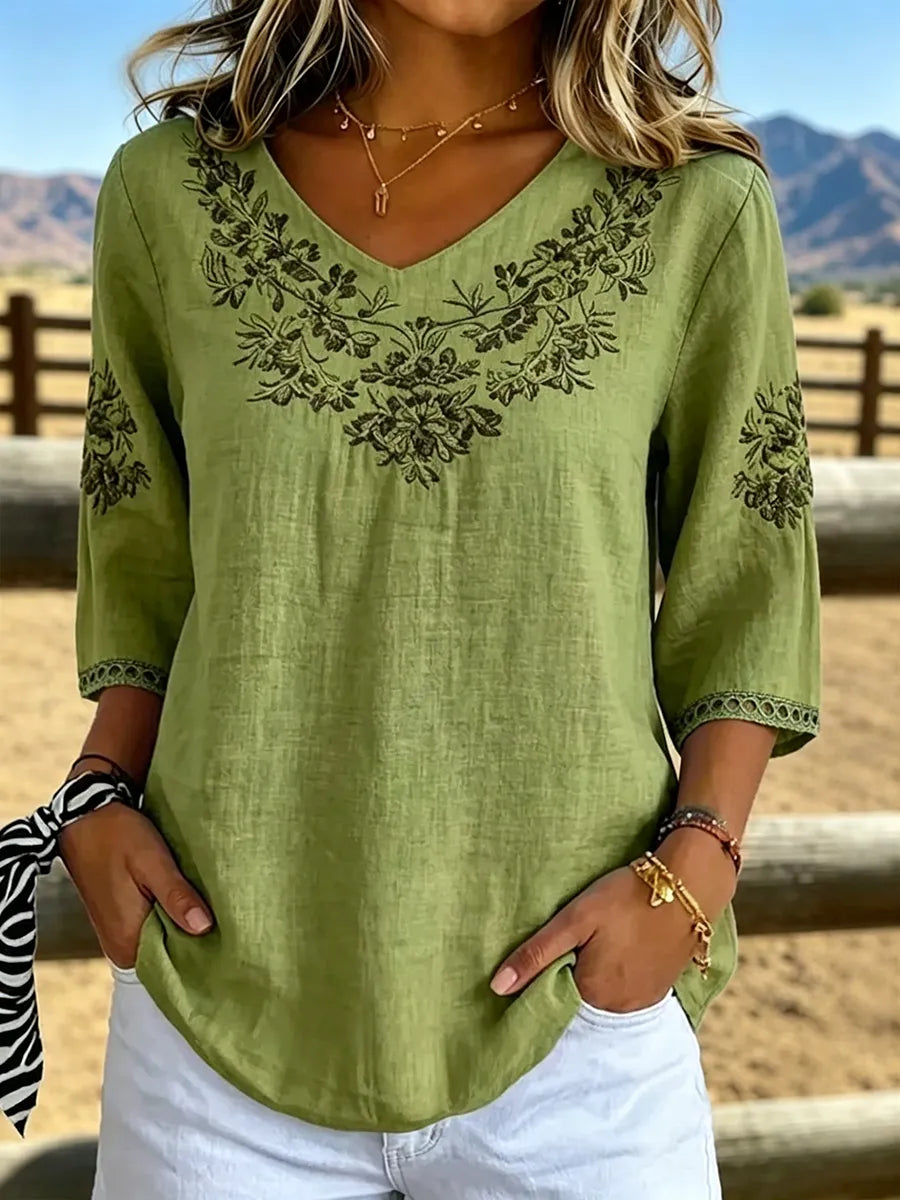 Willow™ | Botanical V-Neck Blouse - Green