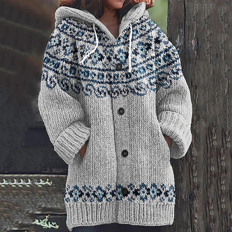 Anwen | Nordic Hooded Knit Cardigan - Light Grey