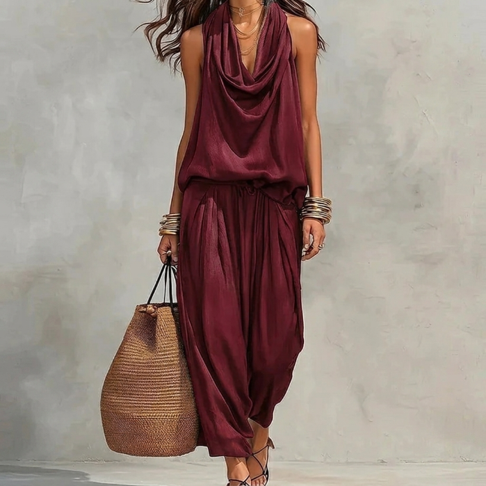 Ambra | Flowy Set with Draped Halter Top and Pants - Burgundy