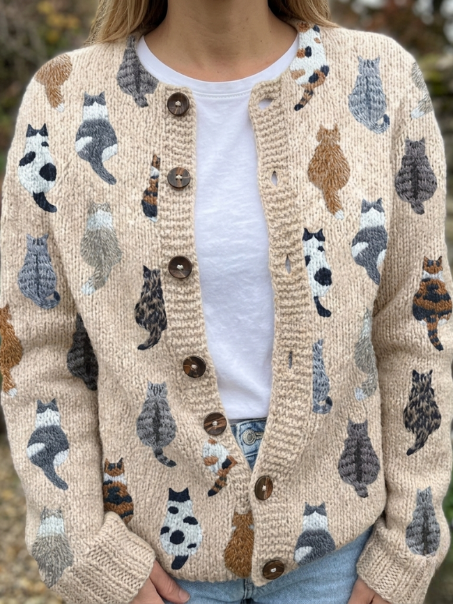 Charlotte Cozy Cat Print Cardigan - Beige