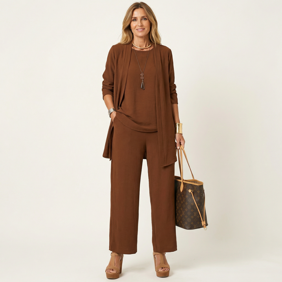Elowen | Refined Draped Three-Piece Set - Brown