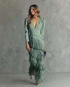 Rowena | Elegant Midi Dress with Fringe Sleeves