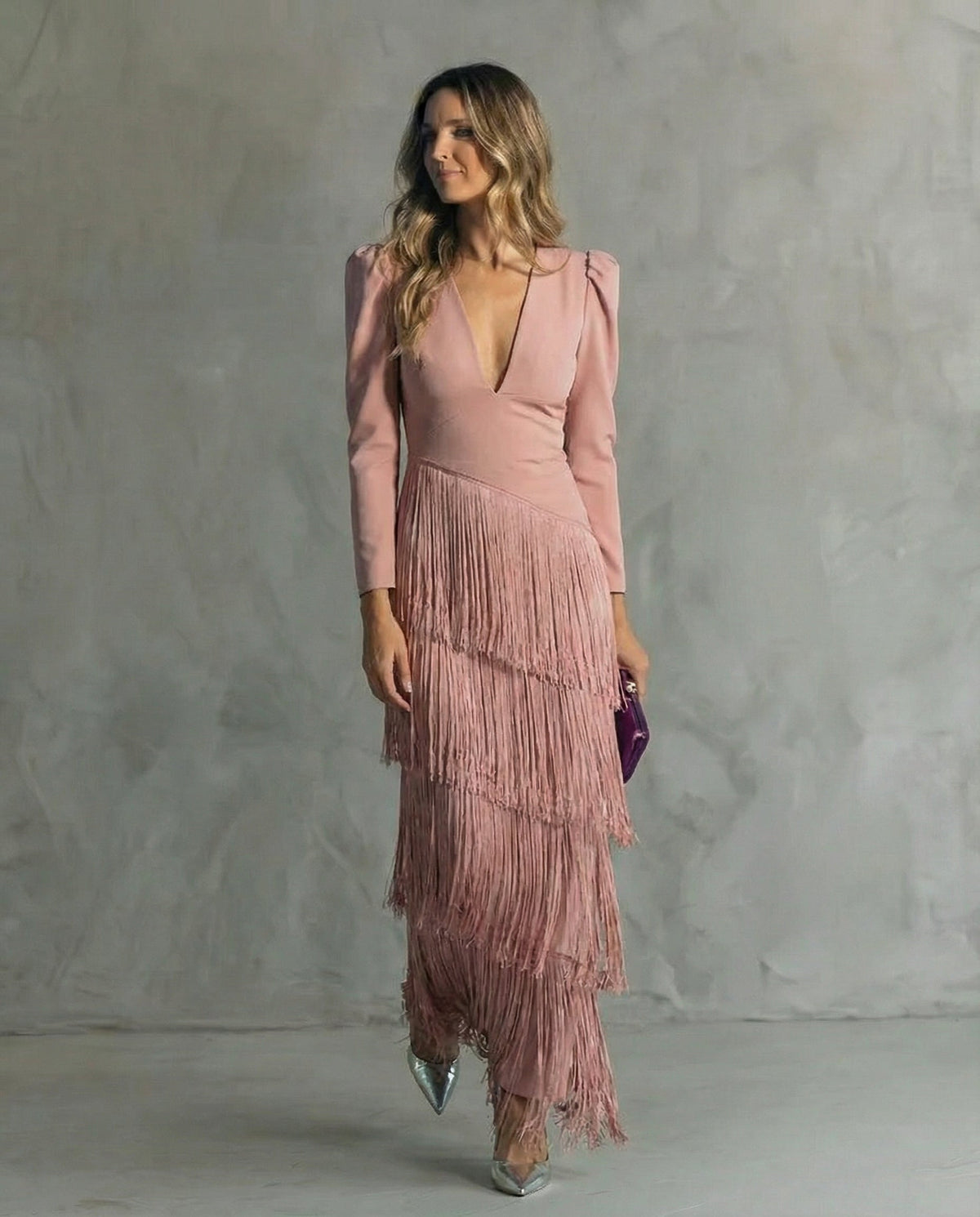 Rowena | Elegant Midi Dress with Fringe Sleeves
