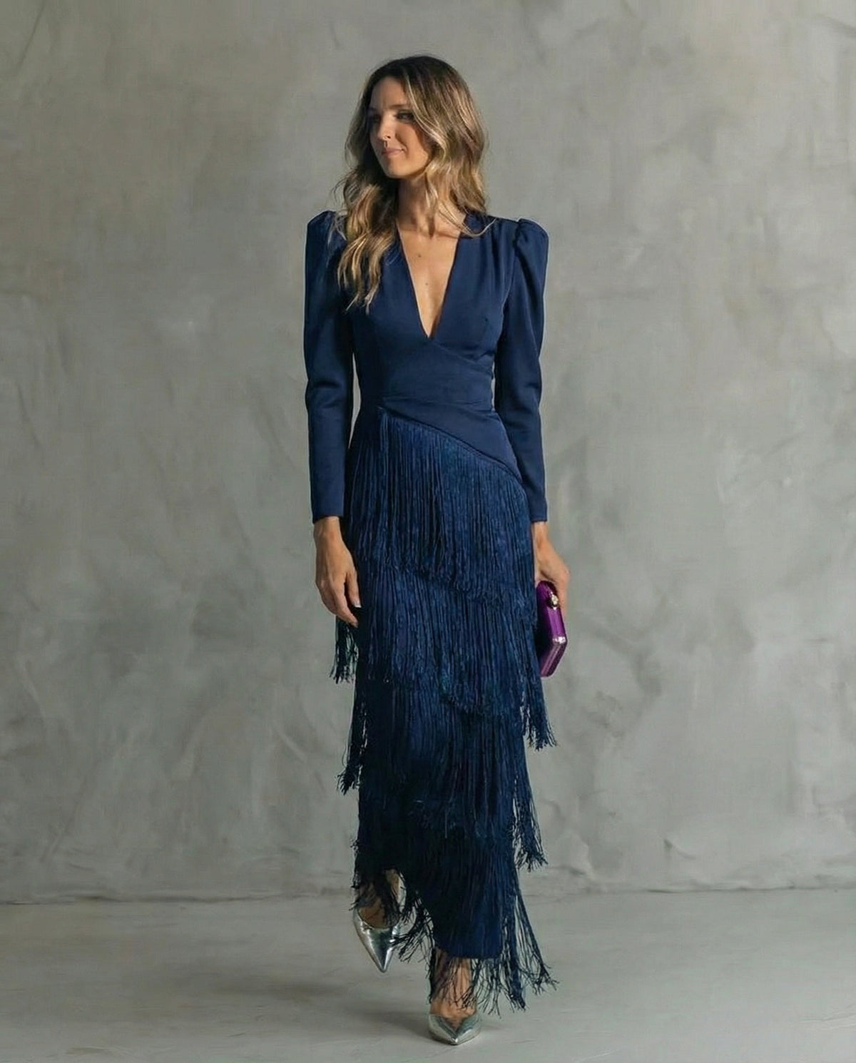 Rowena | Elegant Midi Dress with Fringe Sleeves