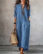 HAVEN | Long Sleeve Maxi Dress V-Neck Striped Style with Side Pockets