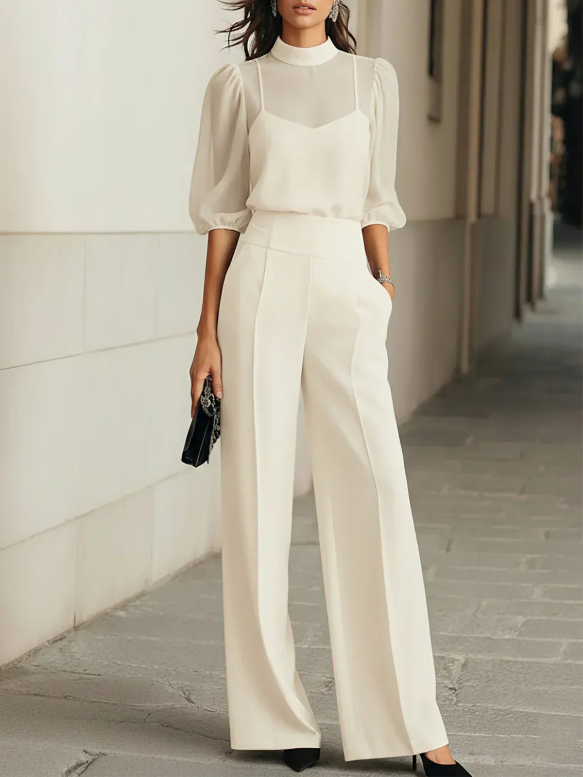 Valentina | Three-Piece Set with Sheer Camisole Top and Wide-Leg Trousers - White