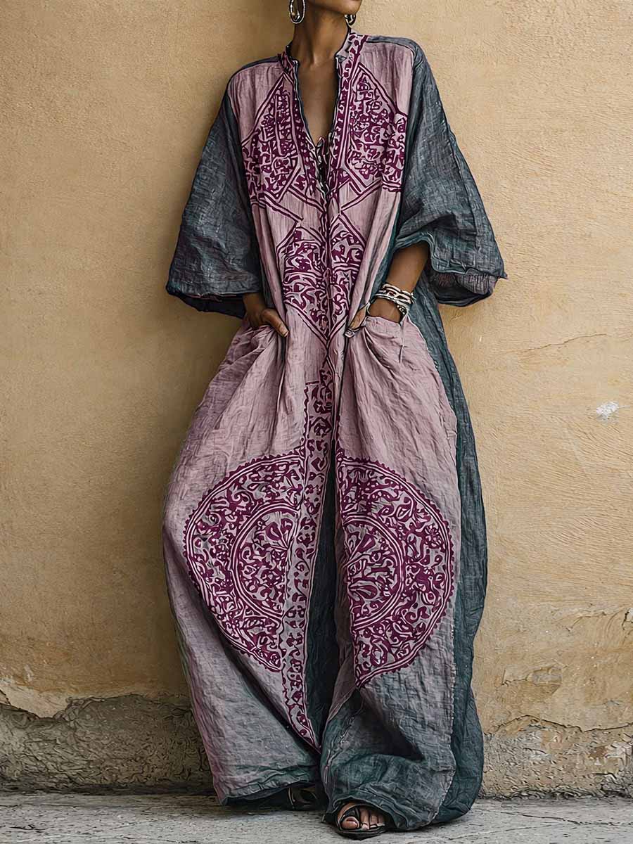 Esme | Vintage Print V-Neck 3/4-Sleeve Jumpsuit