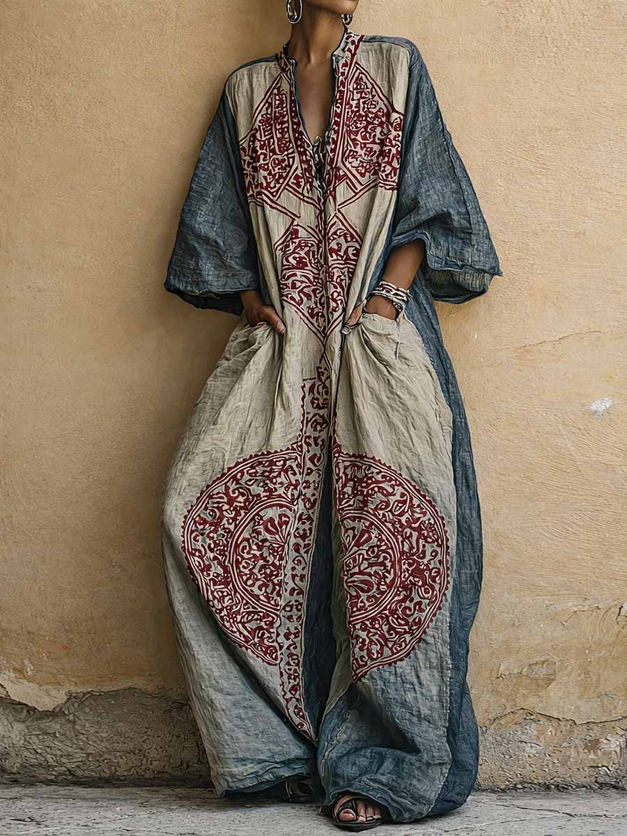 Esme | Vintage Print V-Neck 3/4-Sleeve Jumpsuit