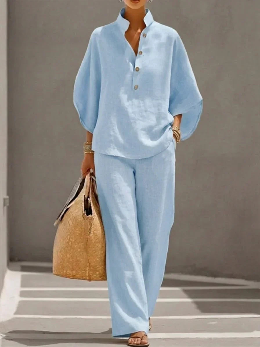 Jasmine | Conjunto De Lino Con Mangas Murciélago Y Pantalón Ancho