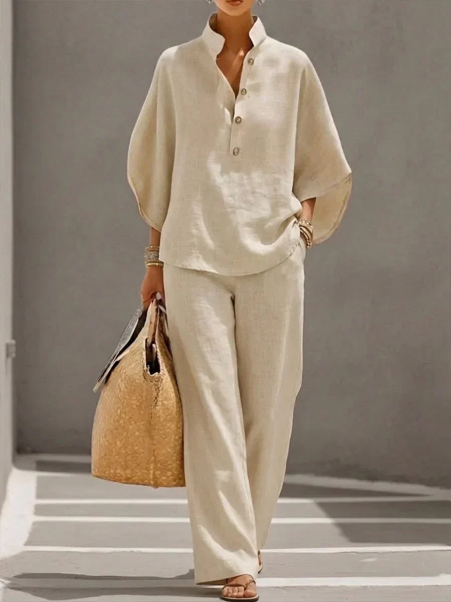 Jasmine | Conjunto De Lino Con Mangas Murciélago Y Pantalón Ancho