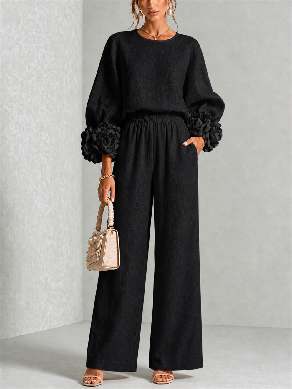 Carys | Floral Cuff Two-Piece Set - Black