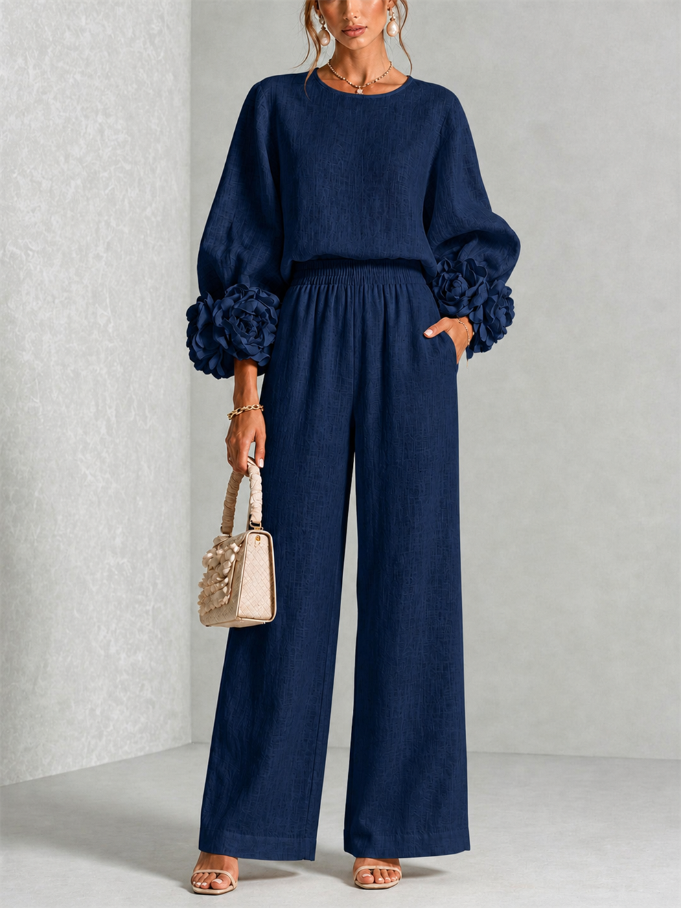 Carys | Floral Cuff Two-Piece Set - Dark Navy
