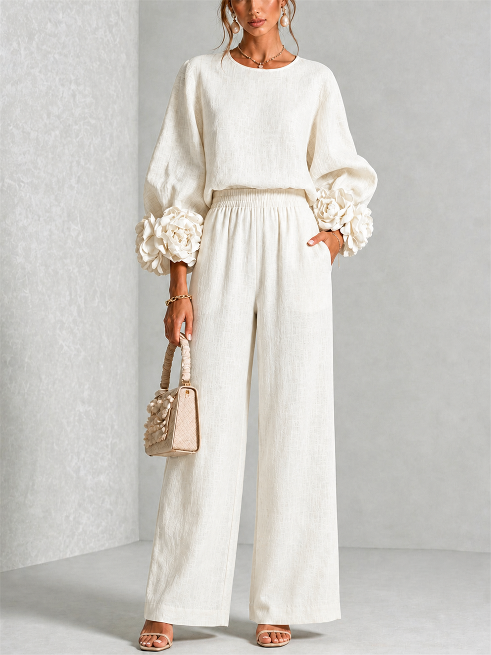 Carys | Floral Cuff Two-Piece Set - Ivory