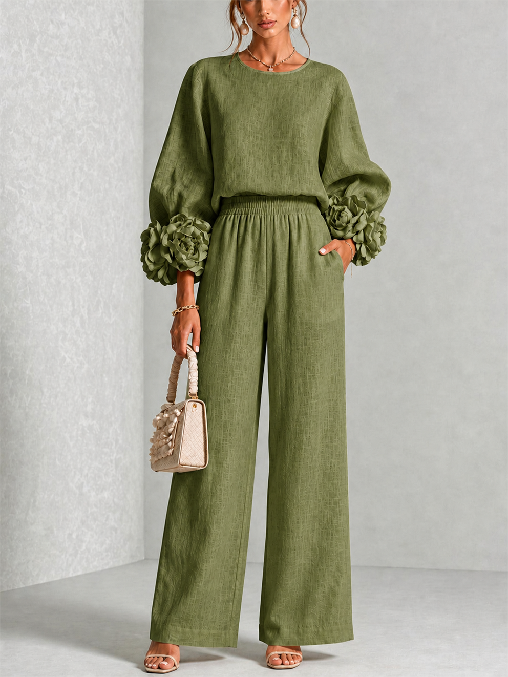 Carys | Floral Cuff Two-Piece Set - Olive Green