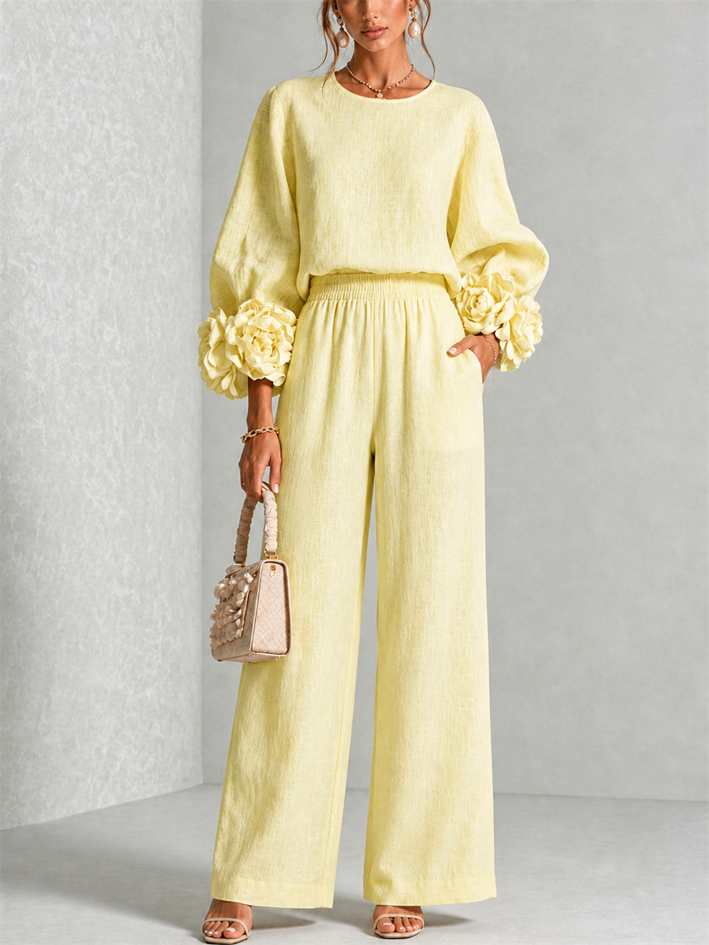 Carys | Floral Cuff Two-Piece Set - Soft Yellow