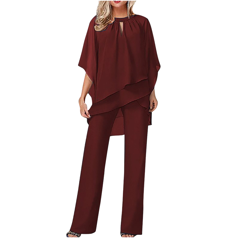 Jeaniny | Asymmetric Layered Blouse and Wide-Leg Trouser Set - Burgundy