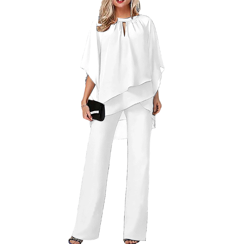 Jeaniny | Asymmetric Layered Blouse and Wide-Leg Trouser Set - White