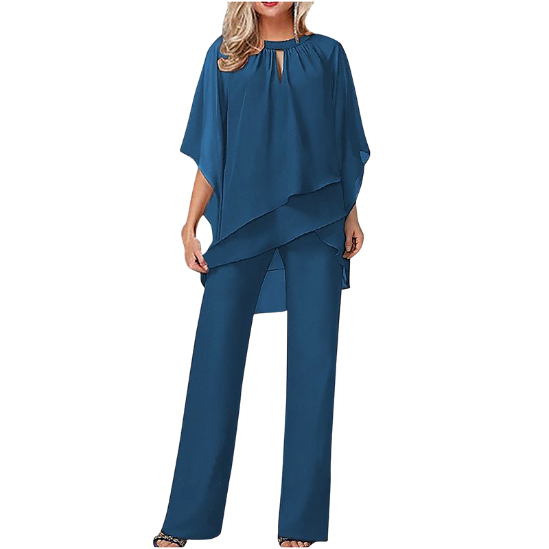 Jeaniny | Asymmetric Layered Blouse and Wide-Leg Trouser Set - Blue