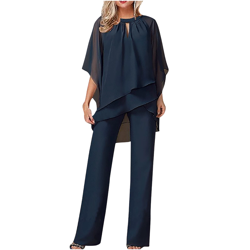Jeaniny | Asymmetric Layered Blouse and Wide-Leg Trouser Set - Navy Blue