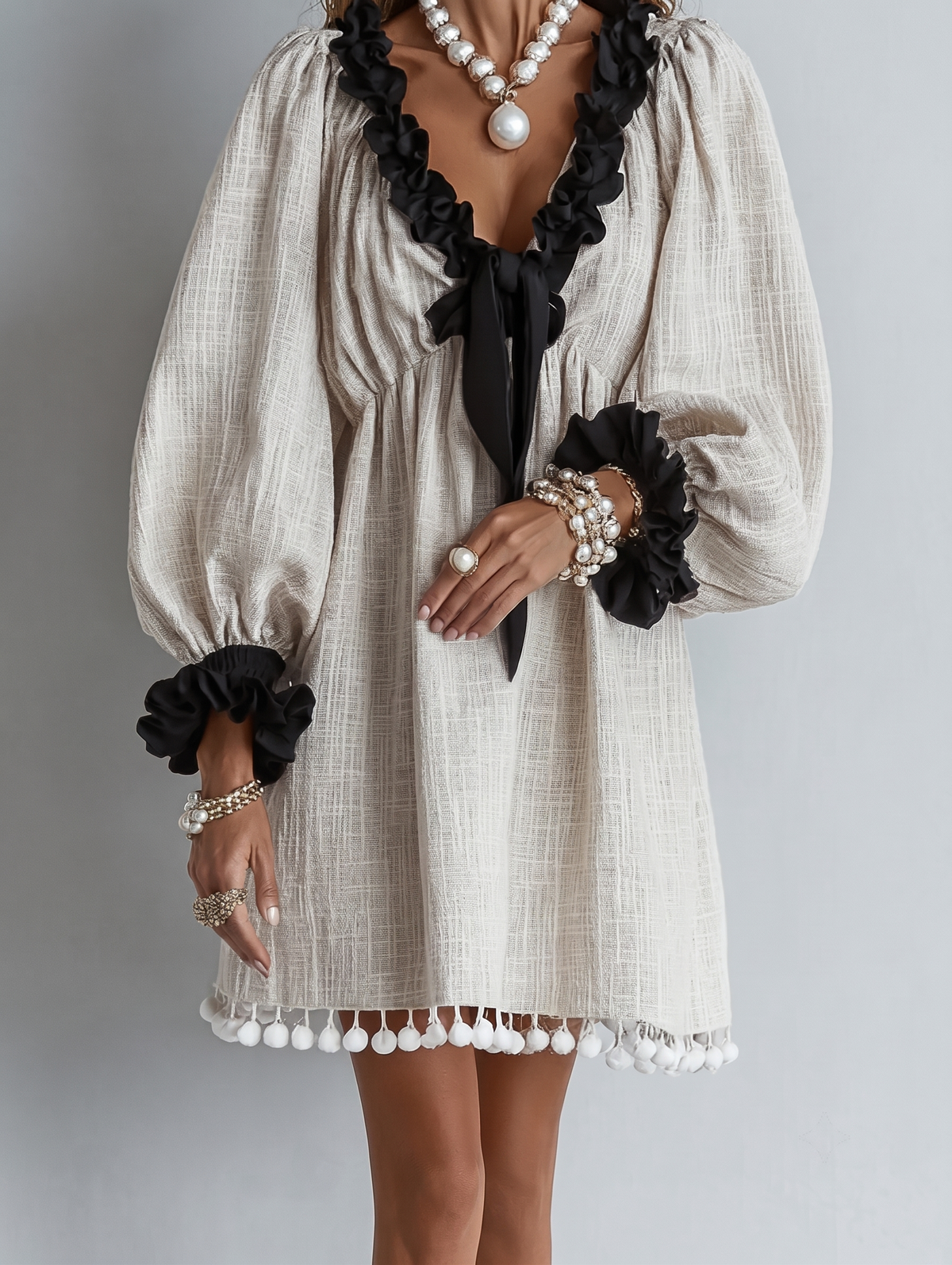 Anneliese | Ruffle-Trim Puff Sleeve Mini Dress - Beige